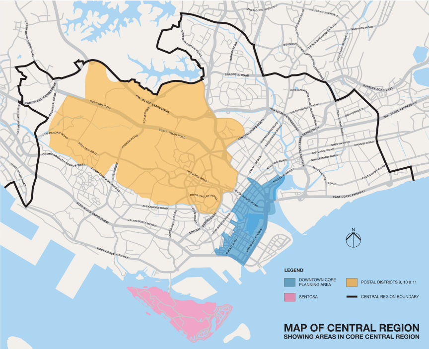 Map of Central Region by URA showing areas in Core Central Region (CCR)